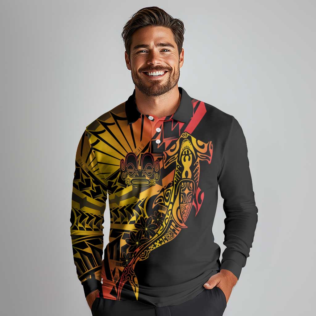Gradient Marquesas Islands Long Sleeve Polo Shirt Marquesan Matatiki Hammerhead Shark Patutiki - Polynesian Pride