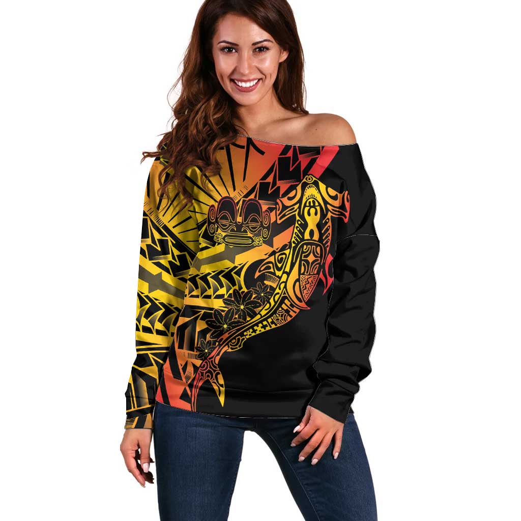 Gradient Marquesas Islands Off Shoulder Sweater Marquesan Matatiki Hammerhead Shark Patutiki - Polynesian Pride