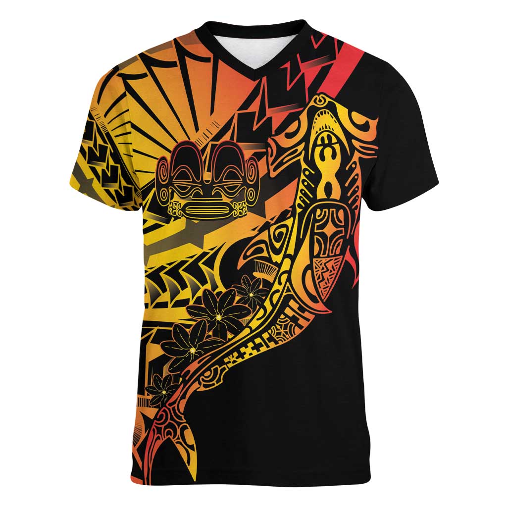 Gradient Marquesas Islands Women V-Neck T-Shirt Marquesan Matatiki Hammerhead Shark Patutiki - Polynesian Pride