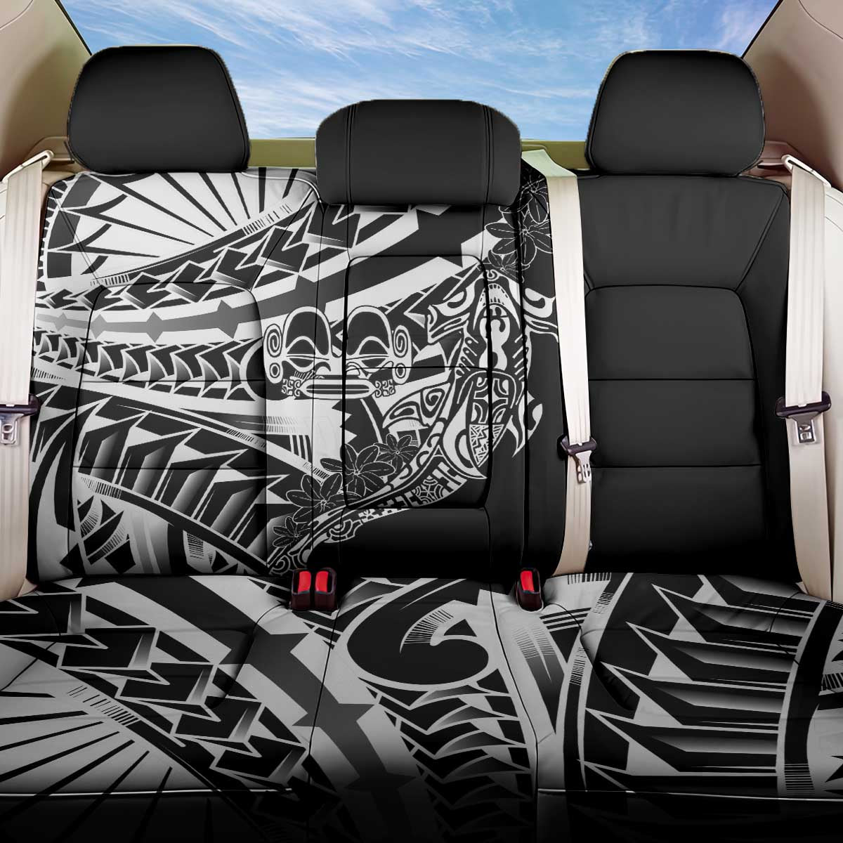 Black White Marquesas Islands Back Car Seat Cover Marquesan Matatiki Hammerhead Shark Patutiki - Polynesian Pride