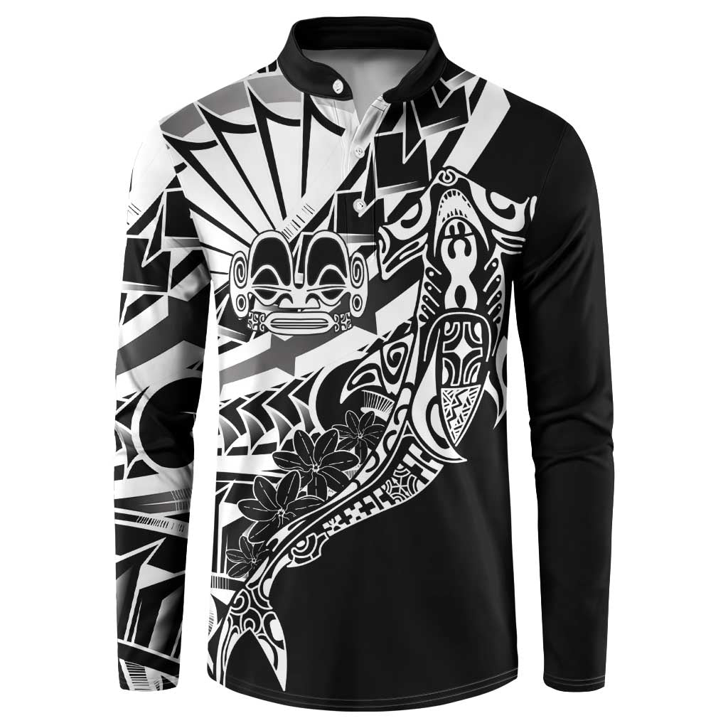 Black White Marquesas Islands Button Sweatshirt Marquesan Matatiki Hammerhead Shark Patutiki LT14 Black - Polynesian Pride