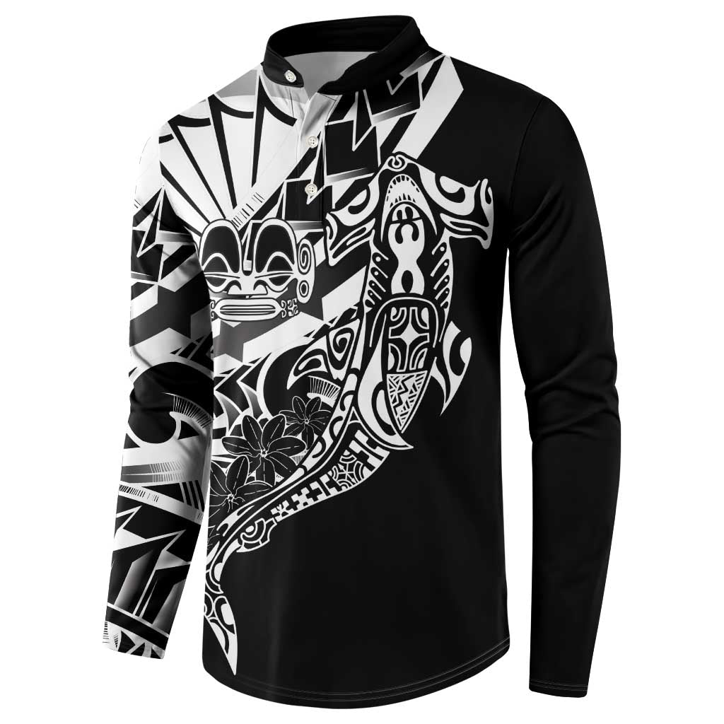 Black White Marquesas Islands Button Sweatshirt Marquesan Matatiki Hammerhead Shark Patutiki LT14 - Polynesian Pride