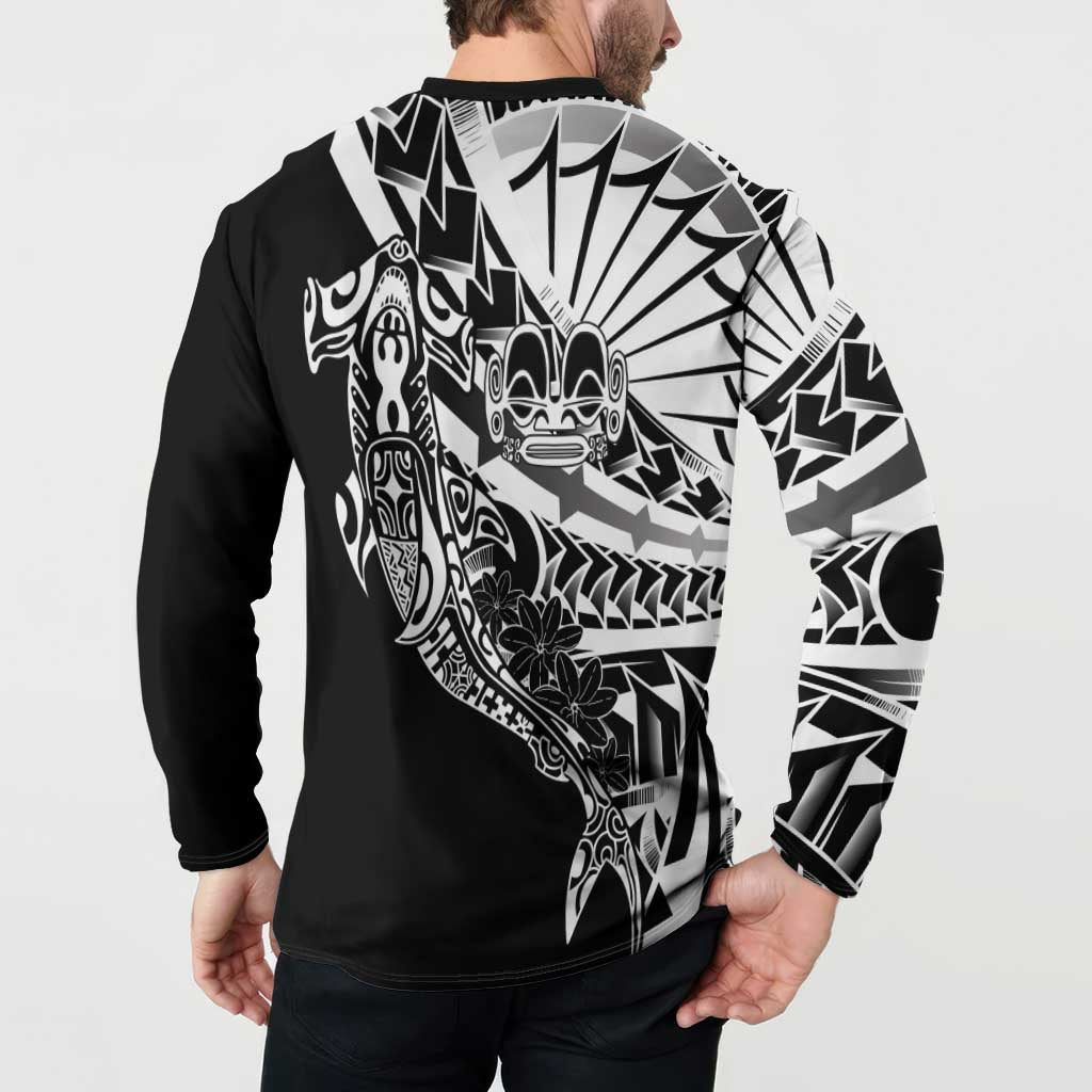 Black White Marquesas Islands Button Sweatshirt Marquesan Matatiki Hammerhead Shark Patutiki LT14 - Polynesian Pride