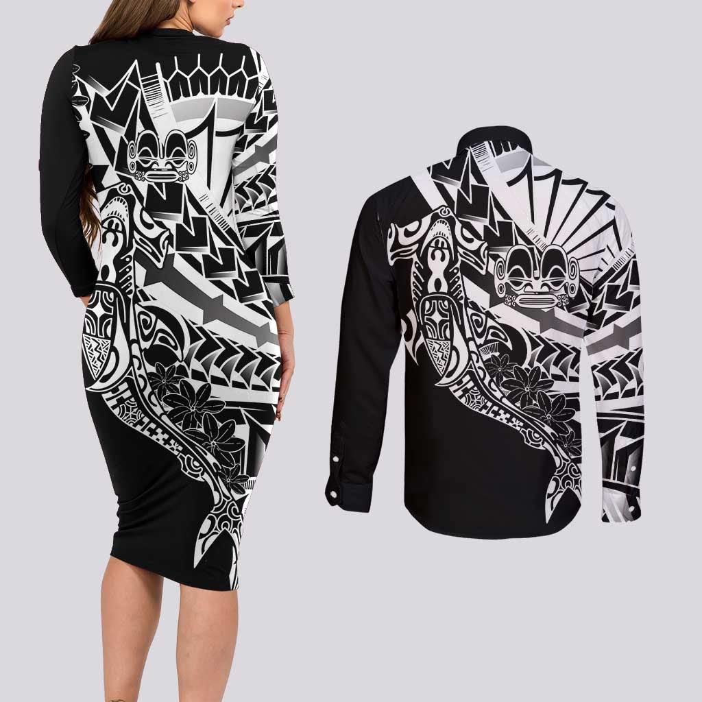 Black White Marquesas Islands Couples Matching Long Sleeve Bodycon Dress and Long Sleeve Button Shirt Marquesan Matatiki Hammerhead Shark Patutiki - Polynesian Pride