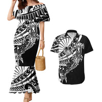 Black White Marquesas Islands Couples Matching Mermaid Dress and Hawaiian Shirt Marquesan Matatiki Hammerhead Shark Patutiki - Polynesian Pride