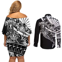 Black White Marquesas Islands Couples Matching Off Shoulder Short Dress and Long Sleeve Button Shirt Marquesan Matatiki Hammerhead Shark Patutiki - Polynesian Pride