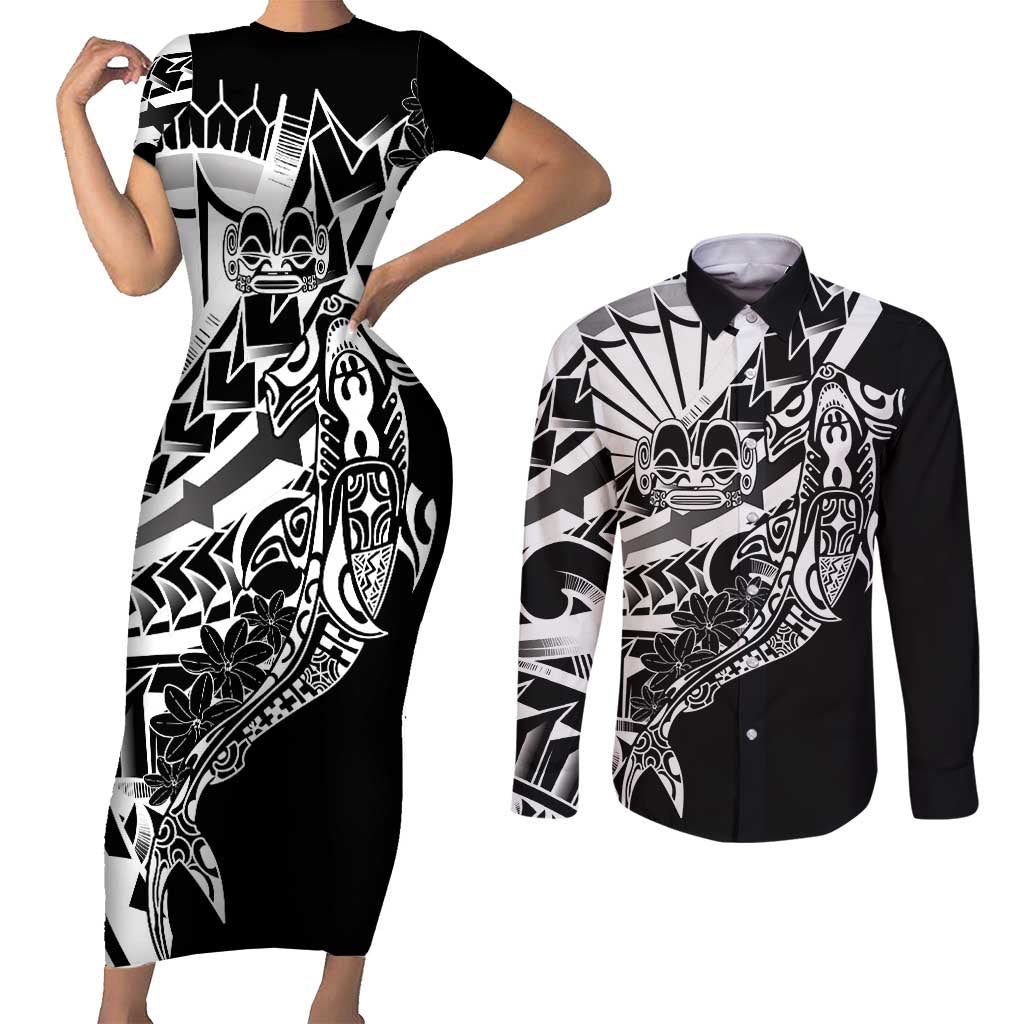 Black White Marquesas Islands Couples Matching Short Sleeve Bodycon Dress and Long Sleeve Button Shirt Marquesan Matatiki Hammerhead Shark Patutiki - Polynesian Pride