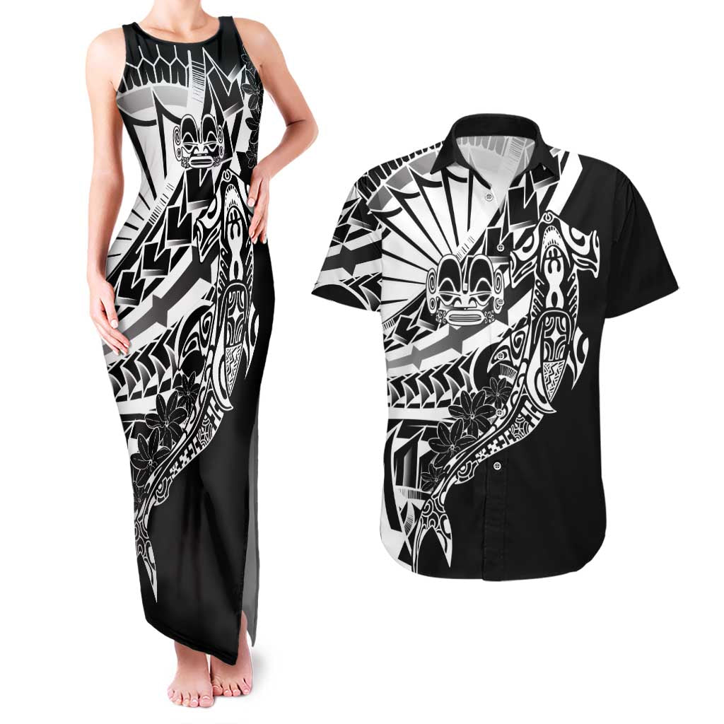 Black White Marquesas Islands Couples Matching Tank Maxi Dress and Hawaiian Shirt Marquesan Matatiki Hammerhead Shark Patutiki - Polynesian Pride