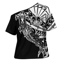 Black White Marquesas Islands Cross Shoulder Shirt Marquesan Matatiki Hammerhead Shark Patutiki - Polynesian Pride
