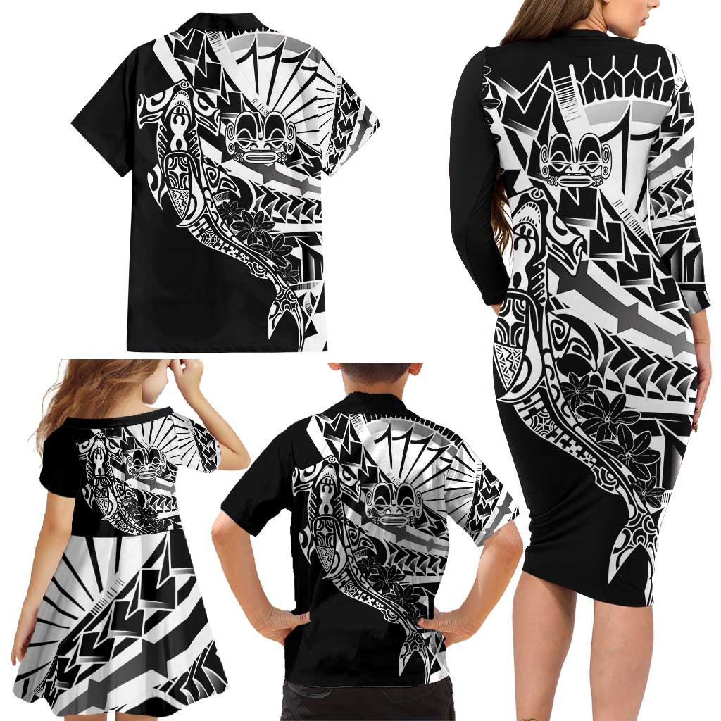Black White Marquesas Islands Family Matching Long Sleeve Bodycon Dress and Hawaiian Shirt Marquesan Matatiki Hammerhead Shark Patutiki - Polynesian Pride