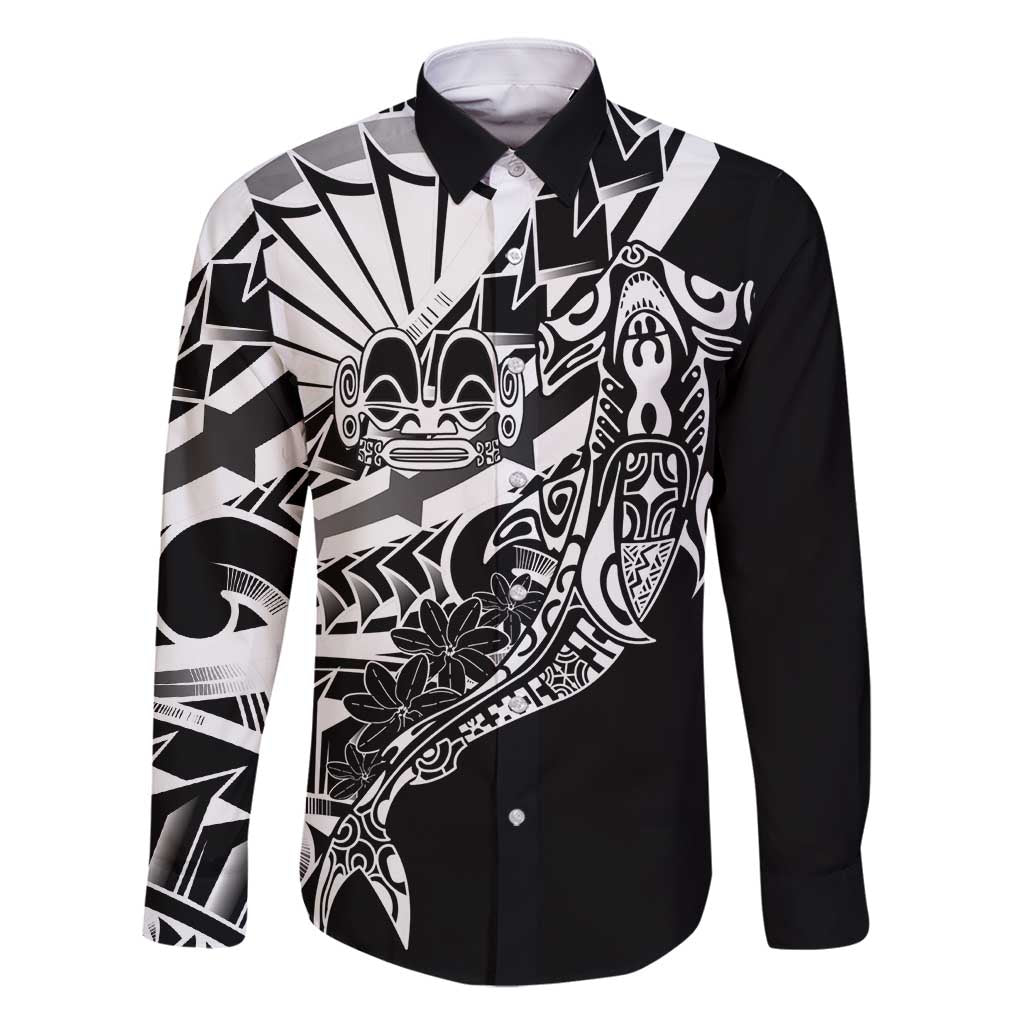 Black White Marquesas Islands Family Matching Long Sleeve Bodycon Dress and Hawaiian Shirt Marquesan Matatiki Hammerhead Shark Patutiki - Polynesian Pride