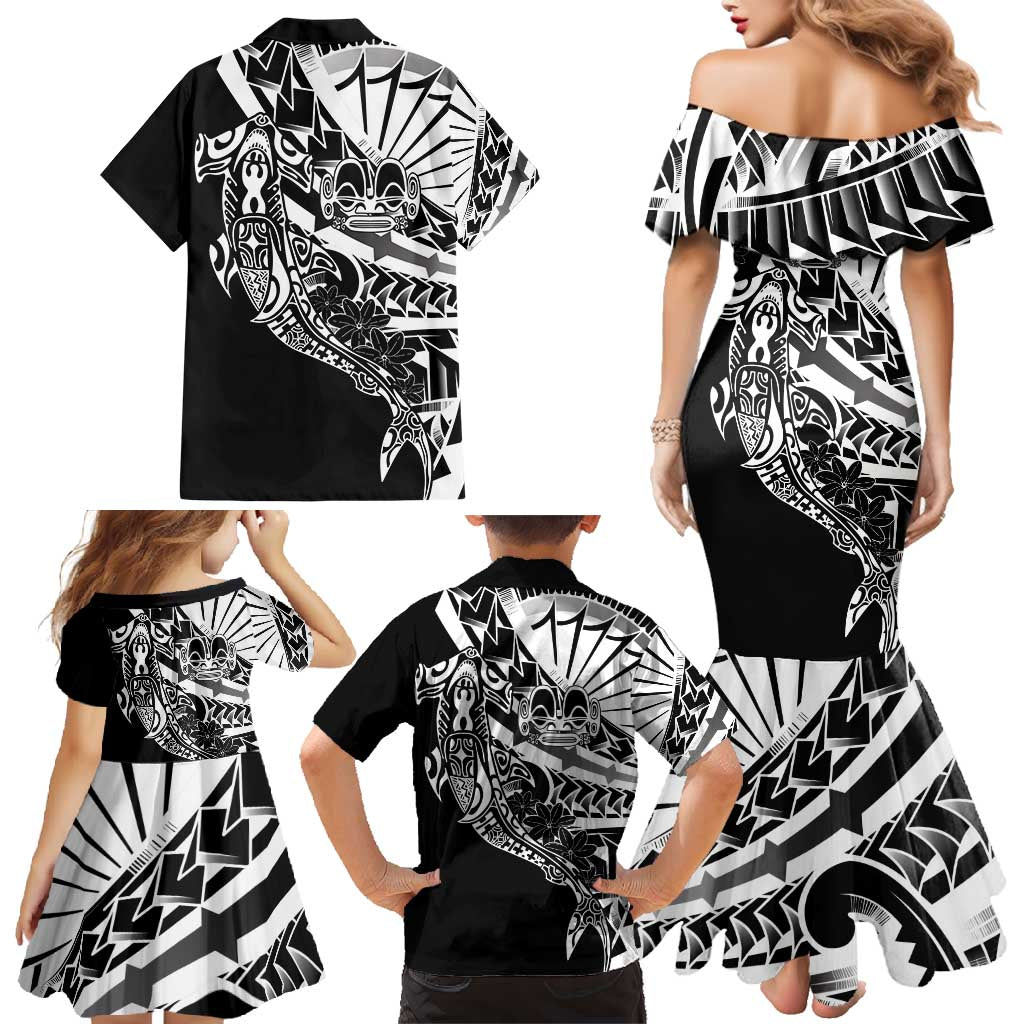 Black White Marquesas Islands Family Matching Mermaid Dress and Hawaiian Shirt Marquesan Matatiki Hammerhead Shark Patutiki - Polynesian Pride