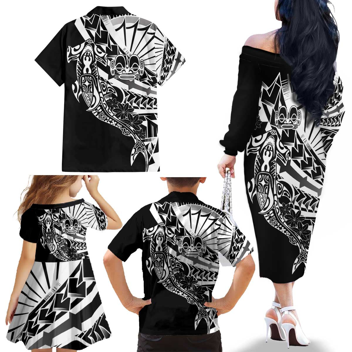 Black White Marquesas Islands Family Matching Off The Shoulder Long Sleeve Dress and Hawaiian Shirt Marquesan Matatiki Hammerhead Shark Patutiki - Polynesian Pride