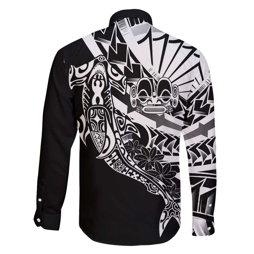 Black White Marquesas Islands Family Matching Off Shoulder Maxi Dress and Hawaiian Shirt Marquesan Matatiki Hammerhead Shark Patutiki - Polynesian Pride