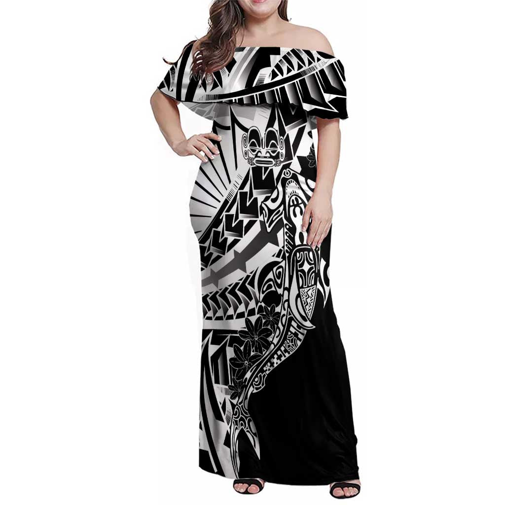 Black White Marquesas Islands Family Matching Off Shoulder Maxi Dress and Hawaiian Shirt Marquesan Matatiki Hammerhead Shark Patutiki - Polynesian Pride