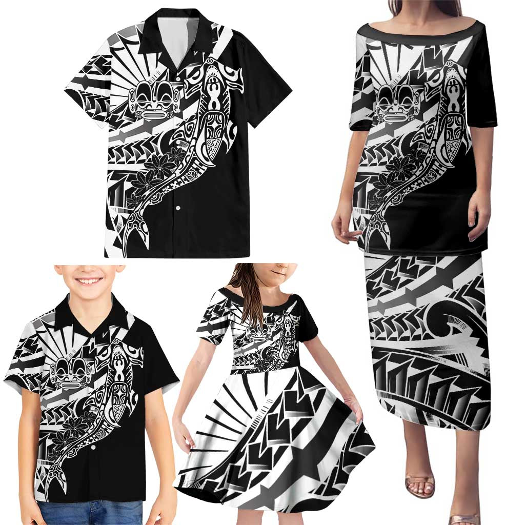 Black White Marquesas Islands Family Matching Puletasi and Hawaiian Shirt Marquesan Matatiki Hammerhead Shark Patutiki - Polynesian Pride