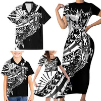 Black White Marquesas Islands Family Matching Short Sleeve Bodycon Dress and Hawaiian Shirt Marquesan Matatiki Hammerhead Shark Patutiki - Polynesian Pride