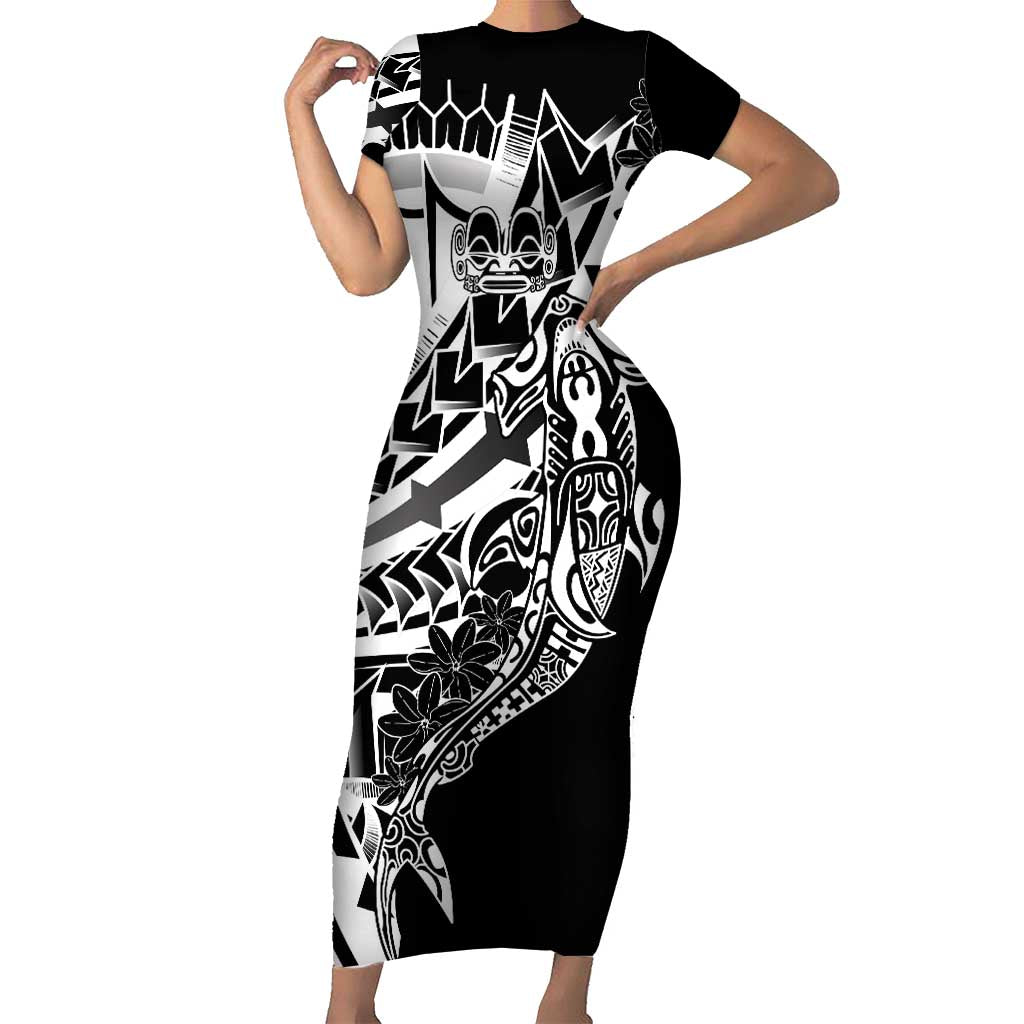 Black White Marquesas Islands Family Matching Short Sleeve Bodycon Dress and Hawaiian Shirt Marquesan Matatiki Hammerhead Shark Patutiki - Polynesian Pride