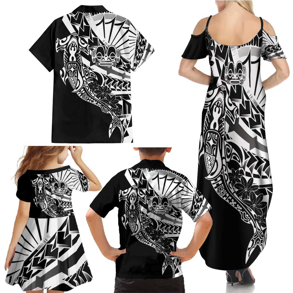 Black White Marquesas Islands Family Matching Summer Maxi Dress and Hawaiian Shirt Marquesan Matatiki Hammerhead Shark Patutiki - Polynesian Pride