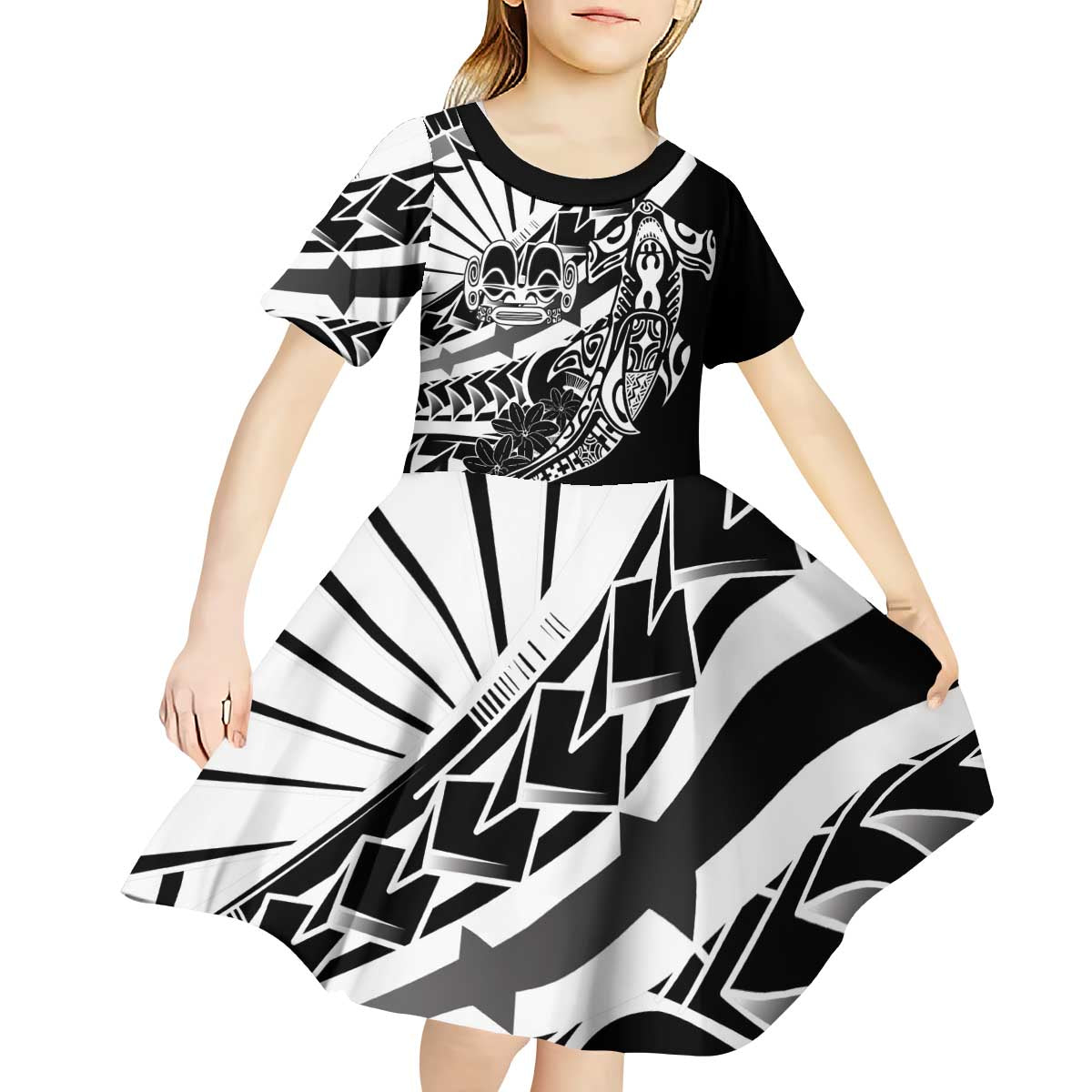 Black White Marquesas Islands Kid Short Sleeve Dress Marquesan Matatiki Hammerhead Shark Patutiki - Polynesian Pride