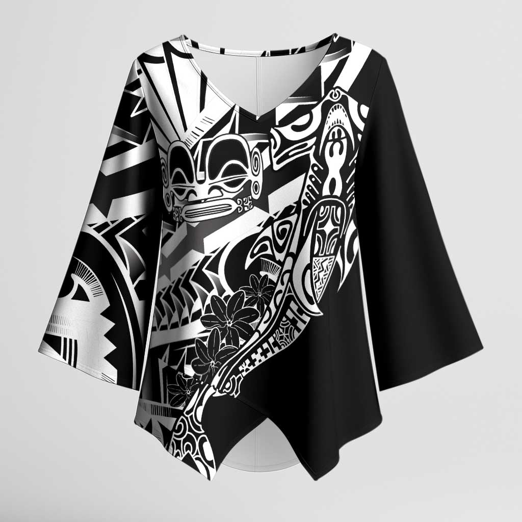 Black White Marquesas Islands Kimono Sleeve Blouse Marquesan Matatiki Hammerhead Shark Patutiki - Polynesian Pride
