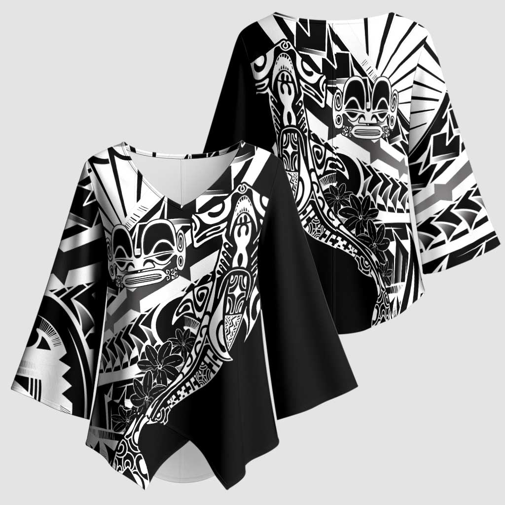 Black White Marquesas Islands Kimono Sleeve Blouse Marquesan Matatiki Hammerhead Shark Patutiki - Polynesian Pride
