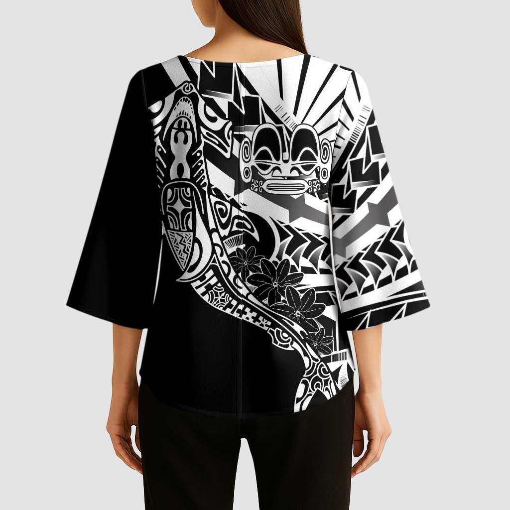 Black White Marquesas Islands Kimono Sleeve Blouse Marquesan Matatiki Hammerhead Shark Patutiki - Polynesian Pride