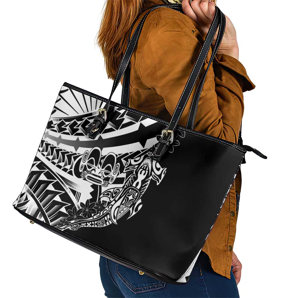 Black White Marquesas Islands Leather Tote Bag Marquesan Matatiki Hammerhead Shark Patutiki - Polynesian Pride