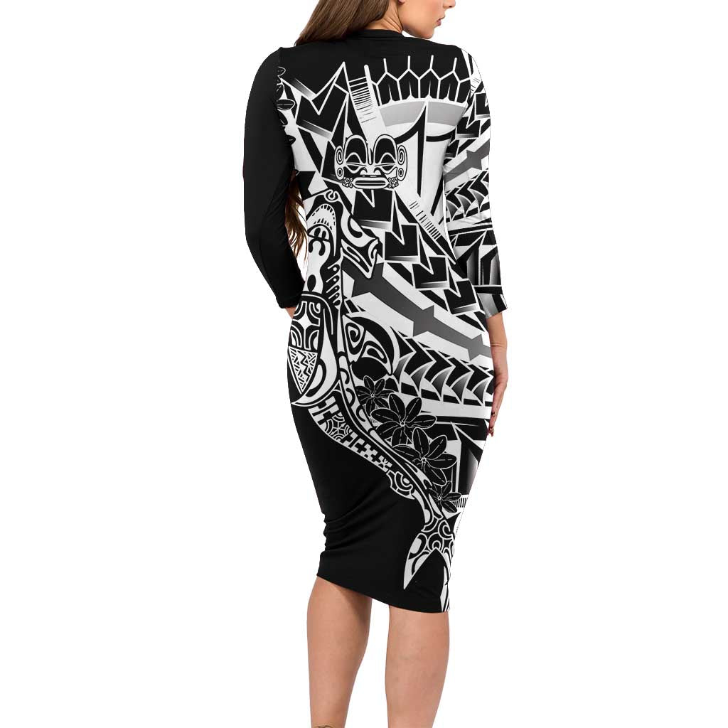 Black White Marquesas Islands Long Sleeve Bodycon Dress Marquesan Matatiki Hammerhead Shark Patutiki - Polynesian Pride