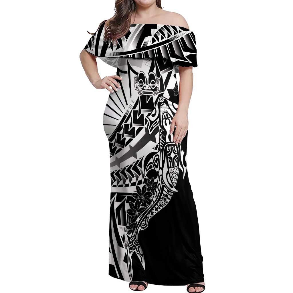 Black White Marquesas Islands Off Shoulder Maxi Dress Marquesan Matatiki Hammerhead Shark Patutiki - Polynesian Pride