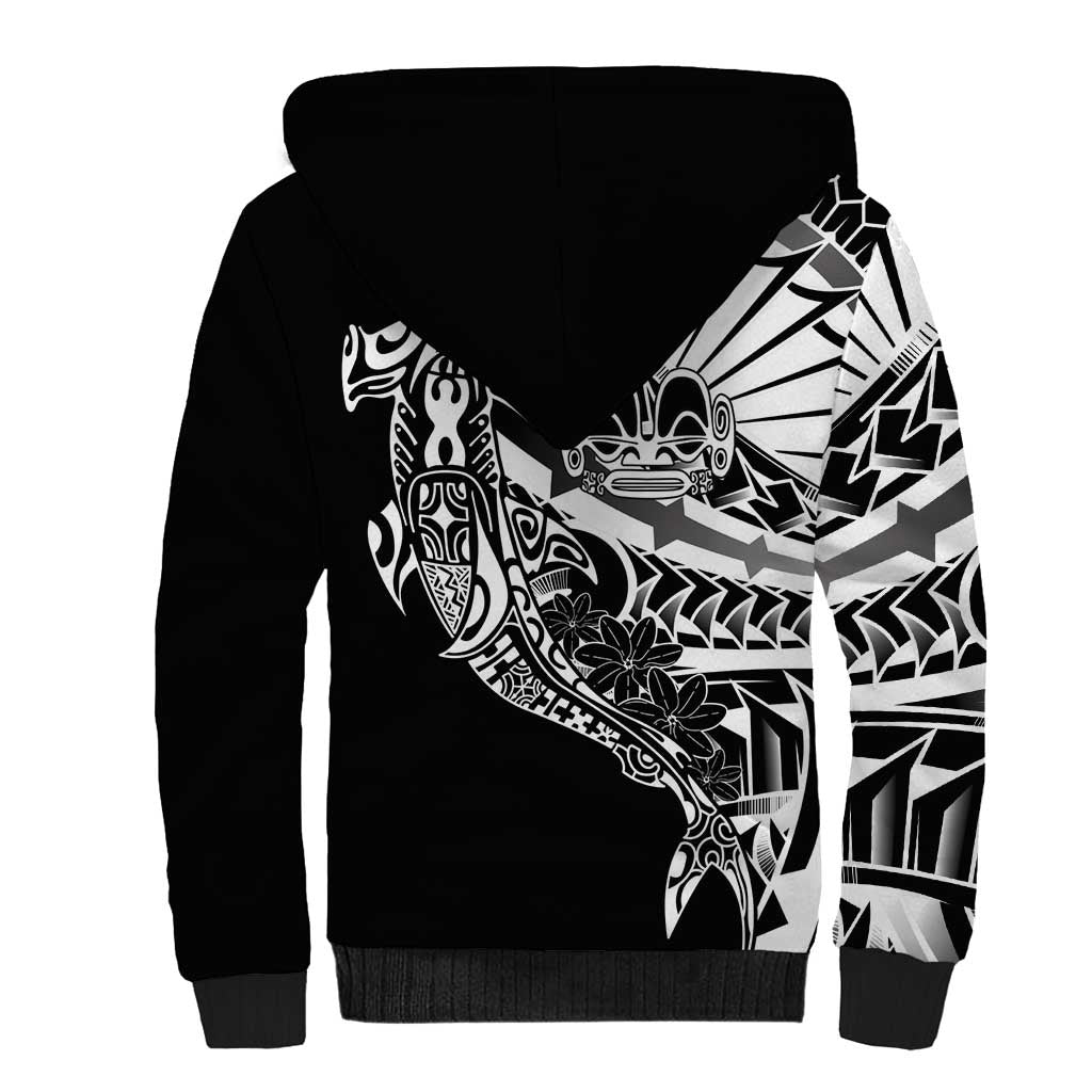 Black White Marquesas Islands Sherpa Hoodie Marquesan Matatiki Hammerhead Shark Patutiki - Polynesian Pride