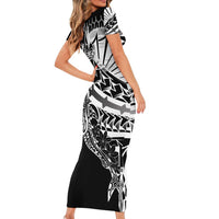 Black White Marquesas Islands Short Sleeve Bodycon Dress Marquesan Matatiki Hammerhead Shark Patutiki - Polynesian Pride