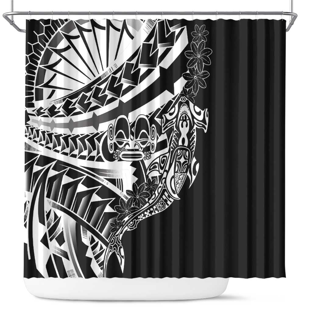 Black White Marquesas Islands Shower Curtain Marquesan Matatiki Hammerhead Shark Patutiki - Polynesian Pride