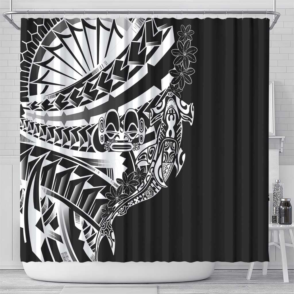 Black White Marquesas Islands Shower Curtain Marquesan Matatiki Hammerhead Shark Patutiki - Polynesian Pride