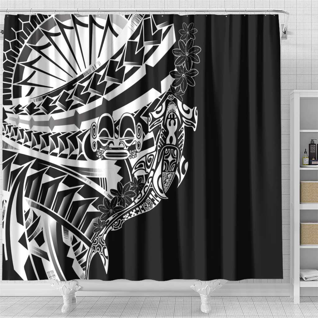Black White Marquesas Islands Shower Curtain Marquesan Matatiki Hammerhead Shark Patutiki - Polynesian Pride