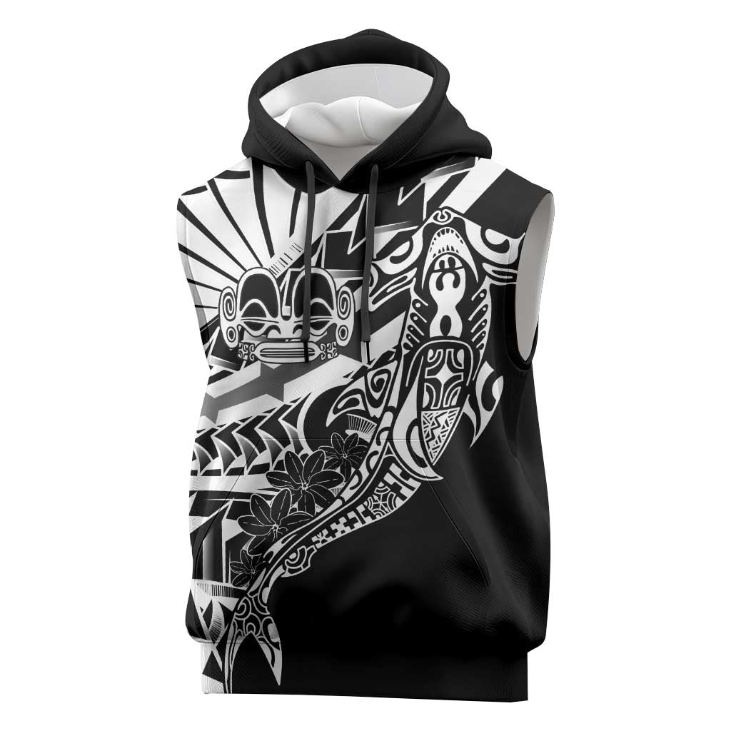 Black White Marquesas Islands Sleeveless Hoodie Marquesan Matatiki Hammerhead Shark Patutiki - Polynesian Pride