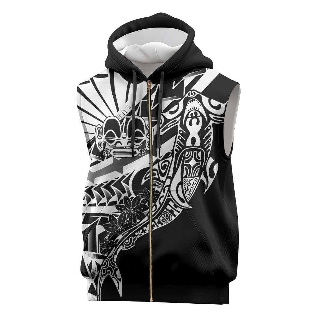Black White Marquesas Islands Sleeveless Zip Hoodie Marquesan Matatiki Hammerhead Shark Patutiki - Polynesian Pride
