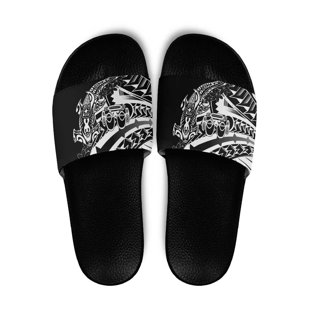 Black White Marquesas Islands Slide Sandals Marquesan Matatiki Hammerhead Shark Patutiki - Polynesian Pride