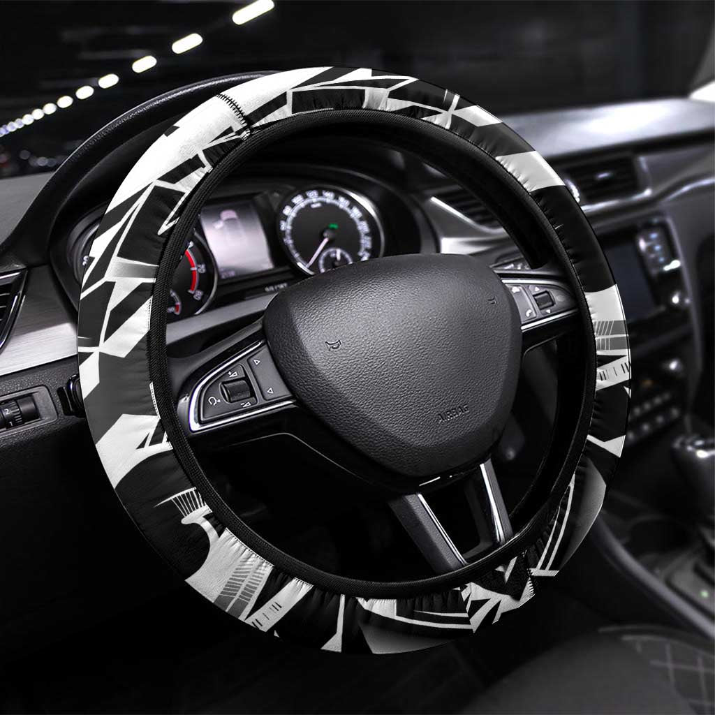 Black White Marquesas Islands Steering Wheel Cover Marquesan Matatiki Hammerhead Shark Patutiki - Polynesian Pride