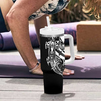 Black White Marquesas Islands Tumbler With Handle Marquesan Matatiki Hammerhead Shark Patutiki - Polynesian Pride