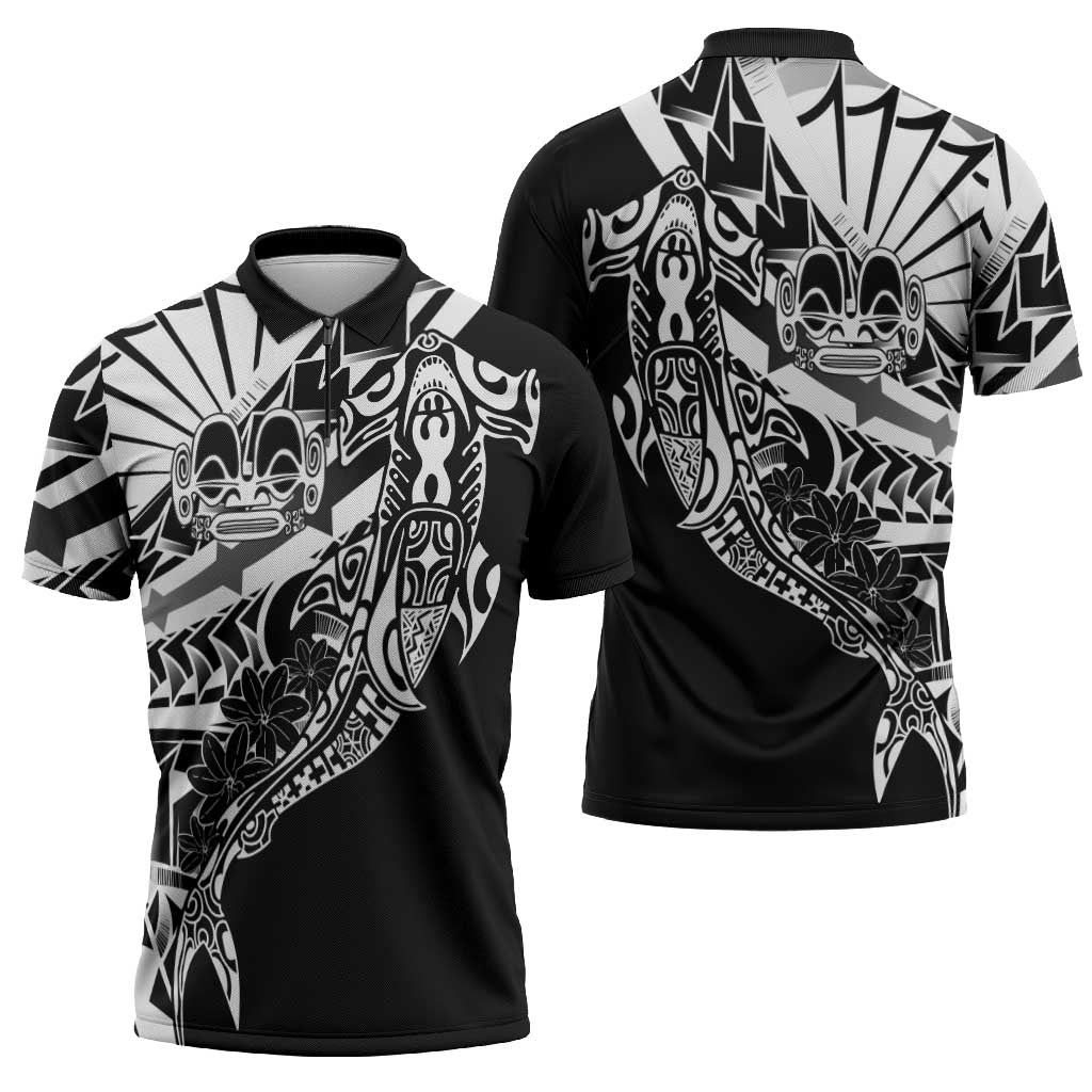 Black White Marquesas Islands Zipper Polo Shirt Marquesan Matatiki Hammerhead Shark Patutiki - Polynesian Pride