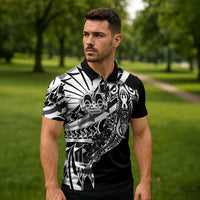 Black White Marquesas Islands Zipper Polo Shirt Marquesan Matatiki Hammerhead Shark Patutiki - Polynesian Pride