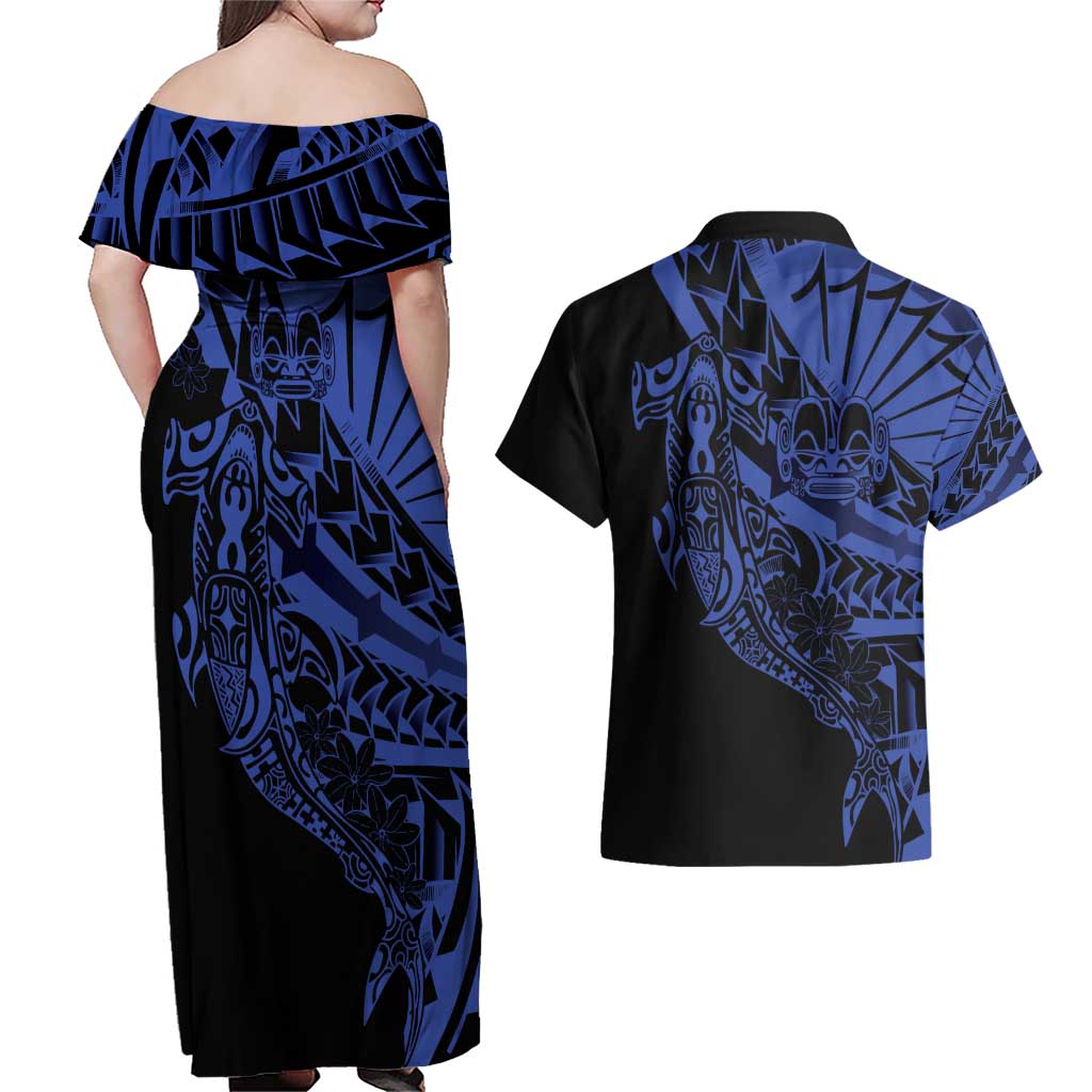 Blue Marquesas Islands Couples Matching Off Shoulder Maxi Dress and Hawaiian Shirt Marquesan Matatiki Hammerhead Shark Patutiki - Polynesian Pride