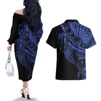 Blue Marquesas Islands Couples Matching Off The Shoulder Long Sleeve Dress and Hawaiian Shirt Marquesan Matatiki Hammerhead Shark Patutiki - Polynesian Pride