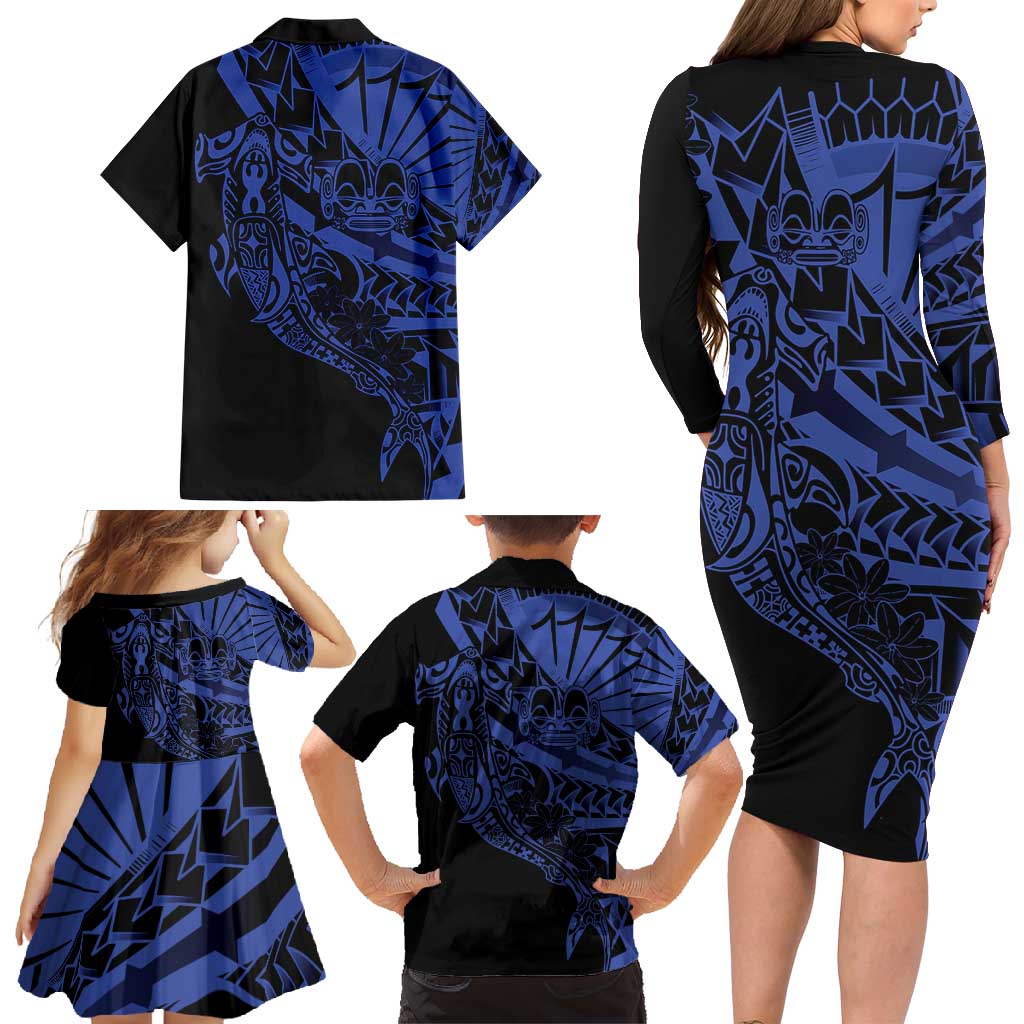 Blue Marquesas Islands Family Matching Long Sleeve Bodycon Dress and Hawaiian Shirt Marquesan Matatiki Hammerhead Shark Patutiki - Polynesian Pride