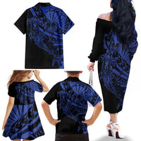 Blue Marquesas Islands Family Matching Off The Shoulder Long Sleeve Dress and Hawaiian Shirt Marquesan Matatiki Hammerhead Shark Patutiki - Polynesian Pride