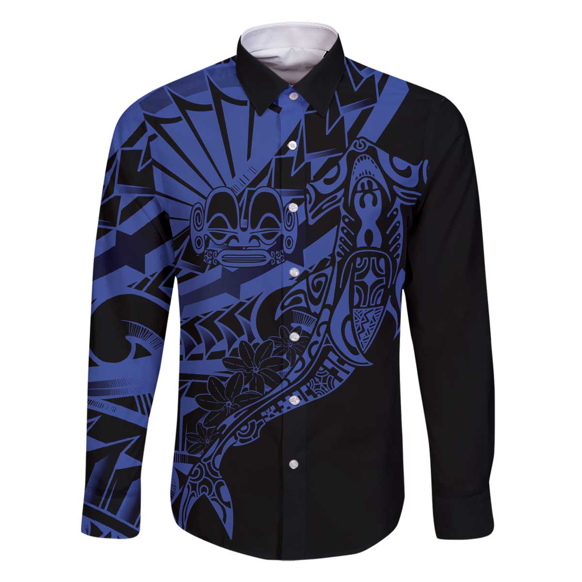 Blue Marquesas Islands Family Matching Off The Shoulder Long Sleeve Dress and Hawaiian Shirt Marquesan Matatiki Hammerhead Shark Patutiki - Polynesian Pride