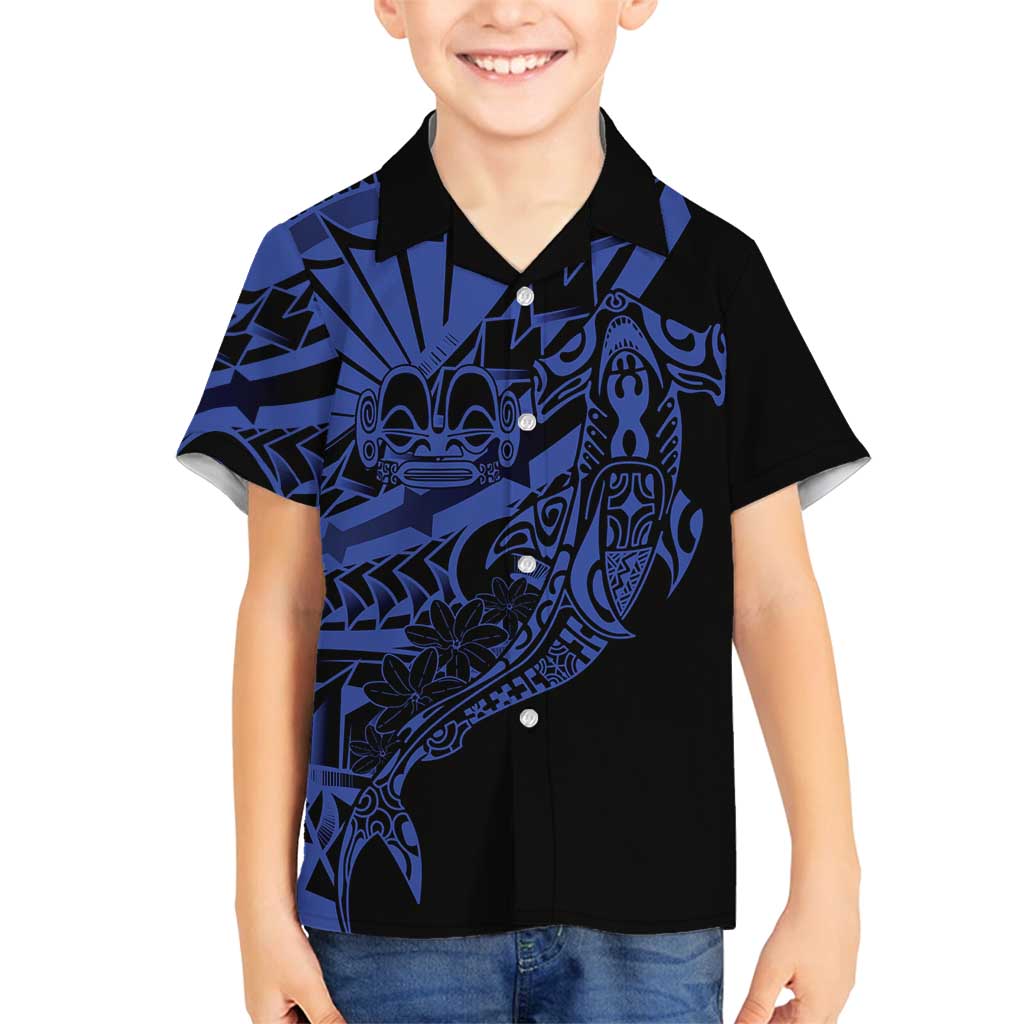 Blue Marquesas Islands Family Matching Off Shoulder Short Dress and Hawaiian Shirt Marquesan Matatiki Hammerhead Shark Patutiki - Polynesian Pride