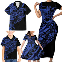 Blue Marquesas Islands Family Matching Short Sleeve Bodycon Dress and Hawaiian Shirt Marquesan Matatiki Hammerhead Shark Patutiki - Polynesian Pride