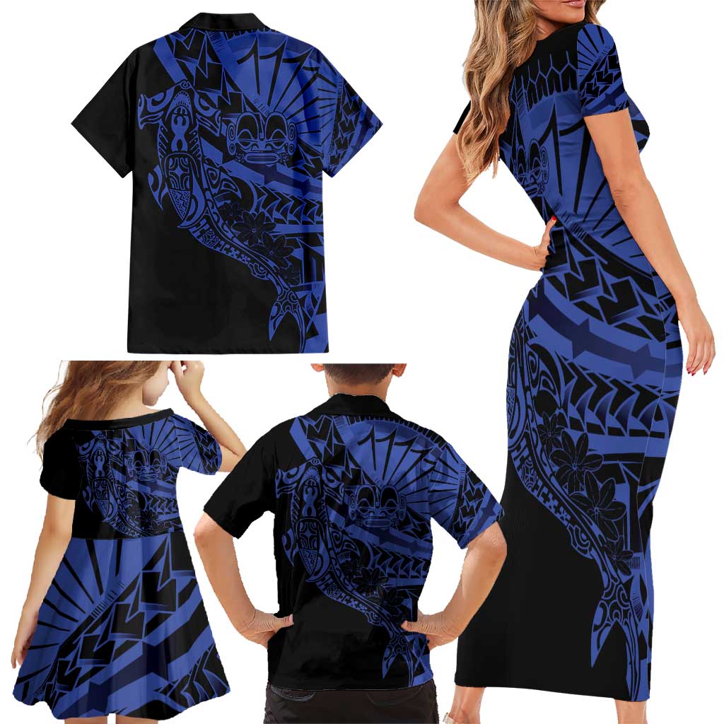 Blue Marquesas Islands Family Matching Short Sleeve Bodycon Dress and Hawaiian Shirt Marquesan Matatiki Hammerhead Shark Patutiki - Polynesian Pride